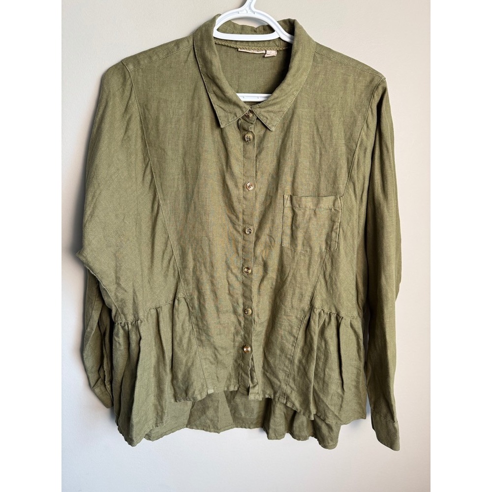 Holding Horses Anthropologie Button Down Shirt Womens S Army Green Boho Peplum